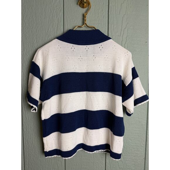 Vintage 80s Navy White Stripe Knit Top Short Sleeve Mock Neck Made in USA - Picture 5 of 6